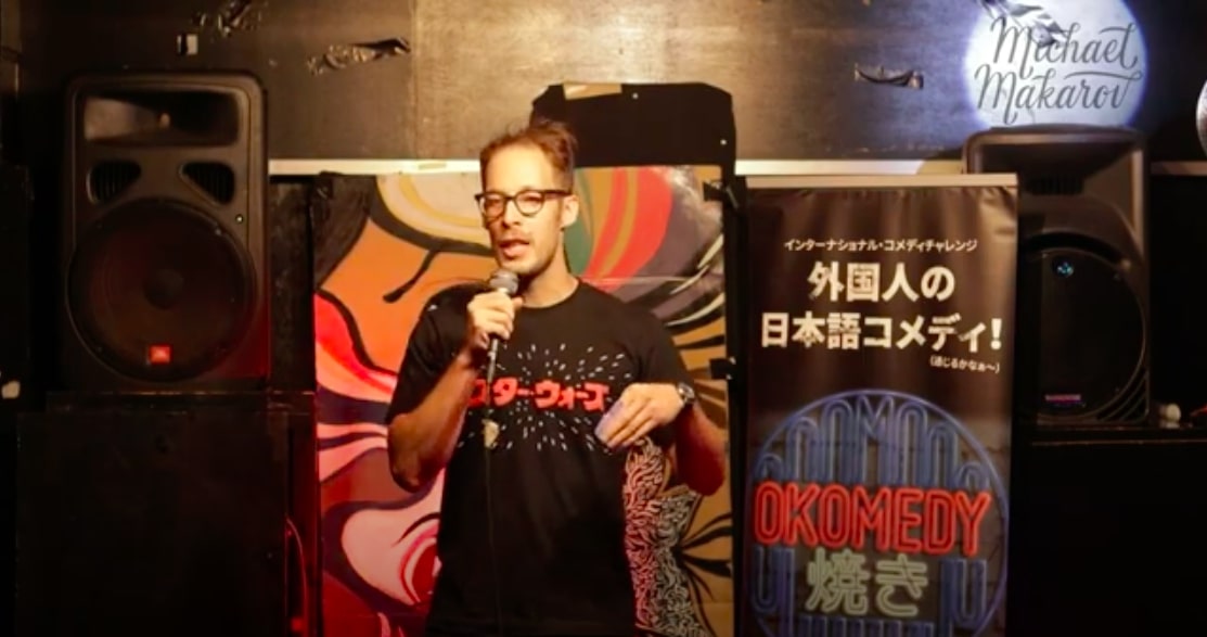 Michael Makarov is performing stand-up comedy in Japanese, Tokyo, Japan